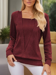 Solid Color Split-Joint Long Sleeves Loose Square-Neck T-Shirts Tops