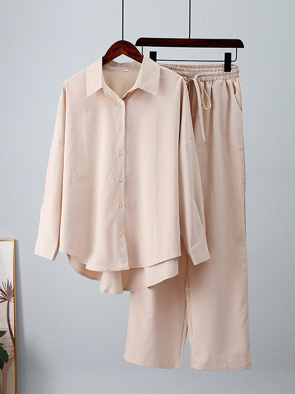 Solid Color Split-Joint High-Low Long Sleeves Buttoned Lapel Blouses + Drawstring Pants Two Pieces Set