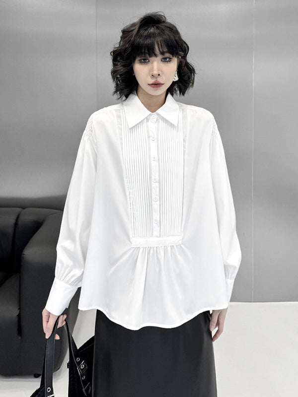 Buttoned Pleated Solid Color Long Sleeves Loose Polo Blouses&Shirts Tops