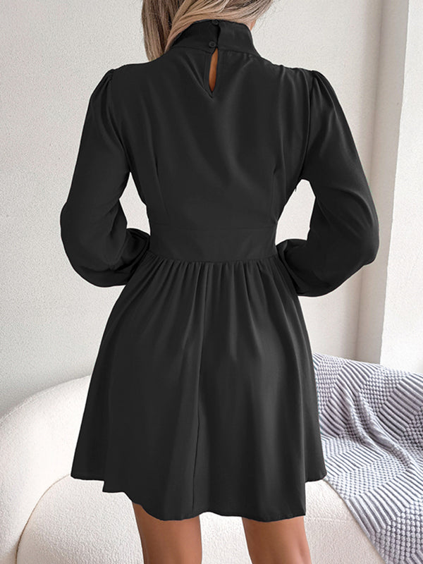 Hollow Solid Color Zipper A-Line Elasticated Waist Half Turtleneck Mini Dresses