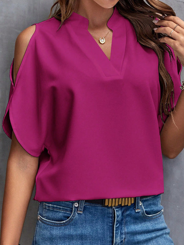 Hollow Solid Color Half Sleeves Loose Cold shoulder T-Shirts Tops