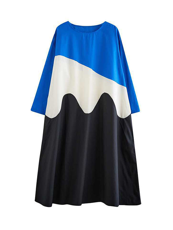 Contrast Color A-Line Long Sleeves Round-Neck Midi Dresses