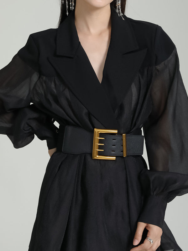 See-Through Split-Joint Tied Waist Loose Puff Sleeves Lapel Blouses&Shirts Tops
