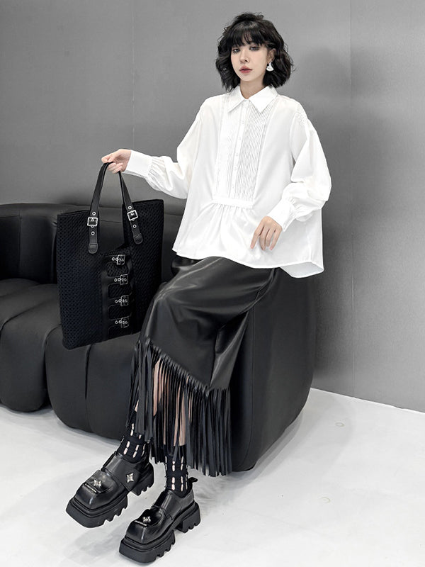 Buttoned Pleated Solid Color Long Sleeves Loose Polo Blouses&Shirts Tops
