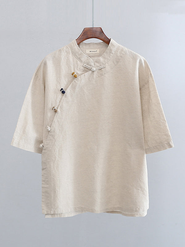 Artistic Retro Loose Half Sleeves Buttoned Contrast Color Stand Collar Blouses&Shirts Tops