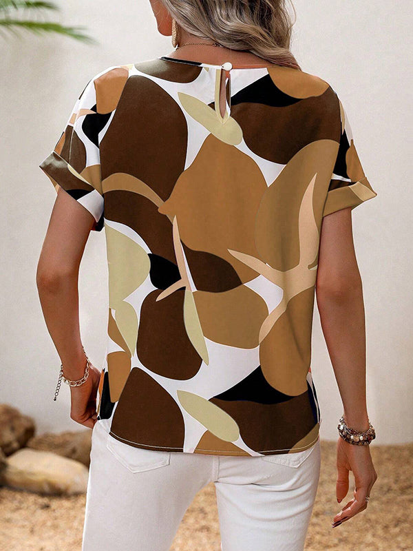 Contrast Color Hollow Printed Split-Joint Loose Short Sleeves Round-neck T-Shirts Tops