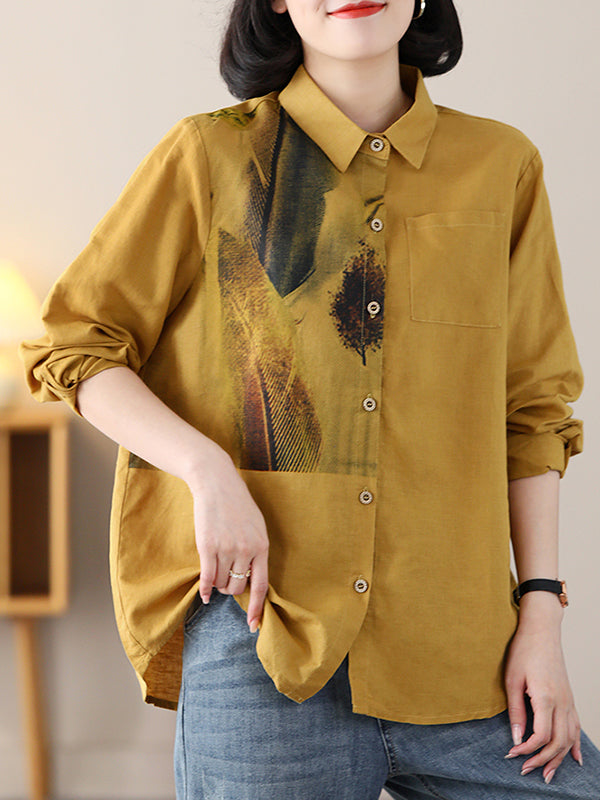 Contrast Color Feathers Printed Long Sleeves Loose Lapel Blouses