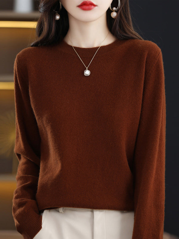 Casual Long Sleeves Loose Solid Color Round-Neck Sweater Tops