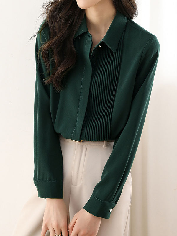Buttoned Pleated Solid Color Long Sleeves Loose Lapel Blouses&Shirts Tops