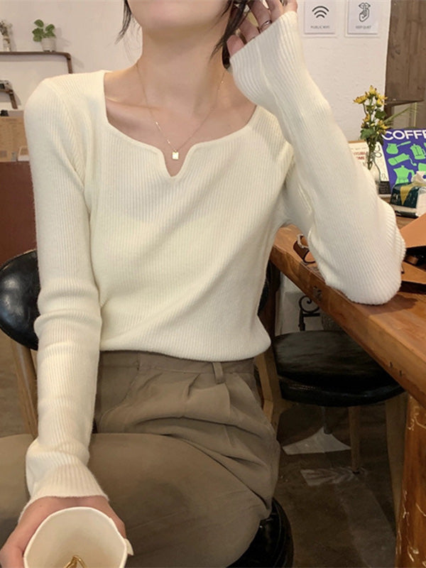 Colorful Solid Color Long Sleeves Skinny V-neck Sweater Tops Pullovers Knitwear