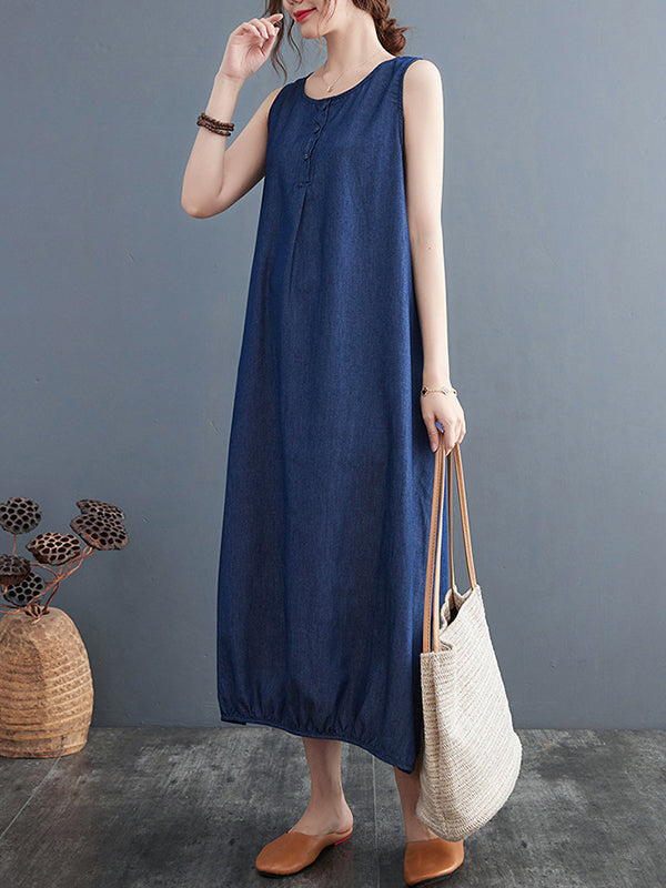 Buttoned Pleated Solid Color A-line Loose Round-neck Midi Dresses