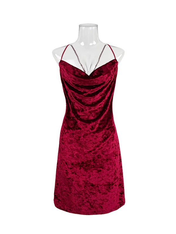 Backless Solid Color Velvet Sleeveless Spaghetti-Neck Intimates&Pajamas