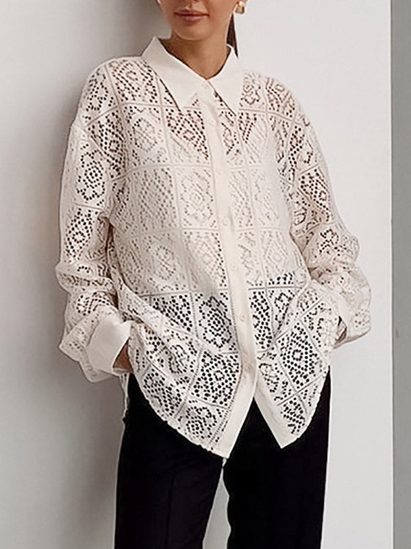 Buttoned Hollow See-Through Solid Color Sun Protection Long Sleeves Loose Lapel Collar Blouses&Shirts Tops
