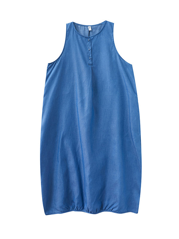 Buttoned Pleated Solid Color A-line Loose Round-neck Midi Dresses