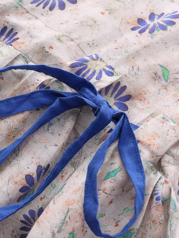 Original Floral Round-Neck Elasticity Waist Midi Dress