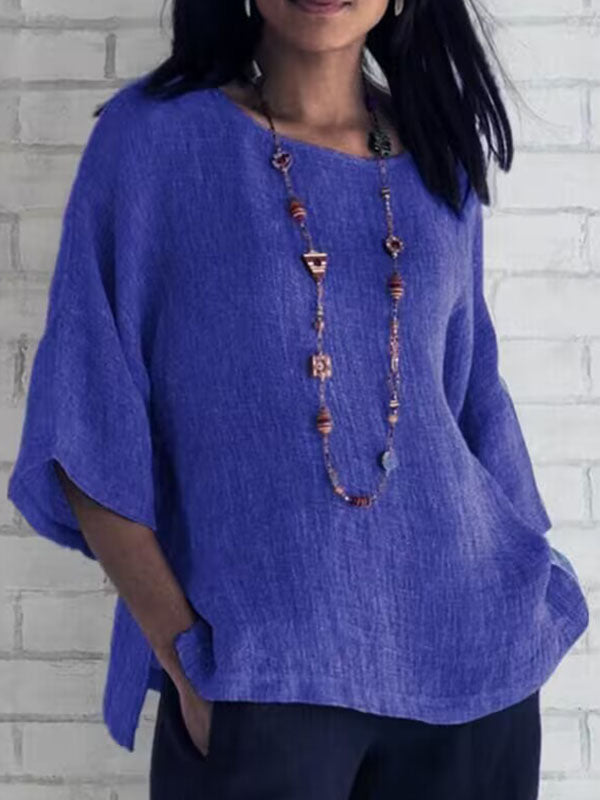 Solid Color Split-Joint Split-Side Linen Three-Quarter Sleeves Round-Neck T-Shirts Tops