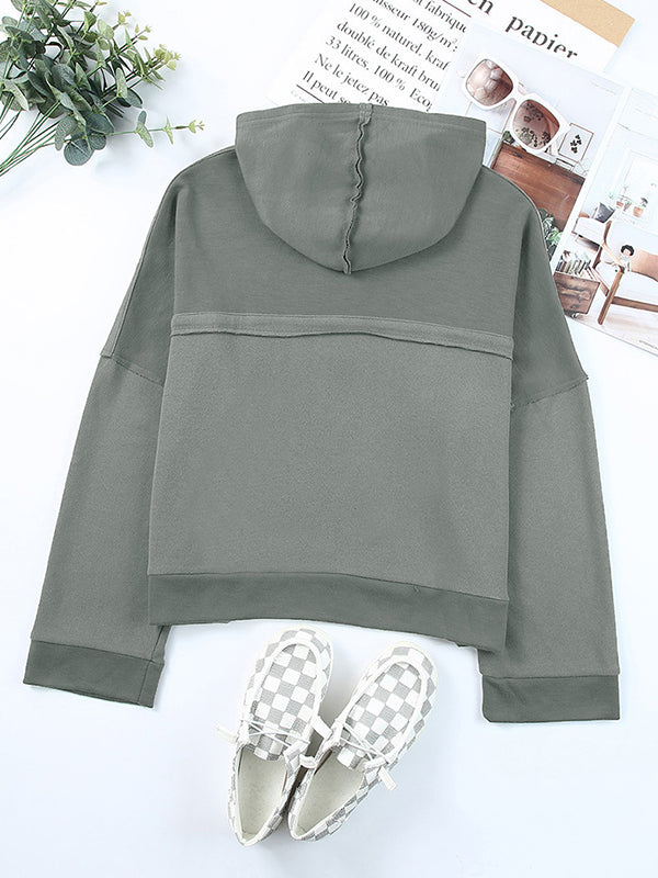Buttoned Split-Joint Velvet Hooded Long Sleeves Sweatshirt Tops