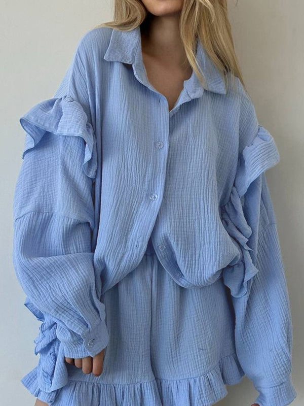 Split-Joint Lapel Long Sleeves Loose Buttoned Ruffle Trim Solid Color Blouses Tops + Elasticity Shorts Bottom Two Pieces Set