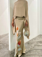 Loose Batwing Sleeves Split-Joint High Neck T-Shirt + Floral Printed Skirt Two Pieces Set