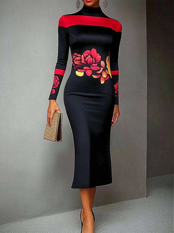 Flower Print Bodycon Long Sleeves High Neck Midi Dresses