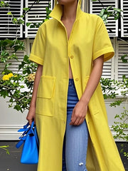 Buttoned Pockets Solid Color Loose Short Sleeves Stand Collar Outerwear Midi Dresses Blouses