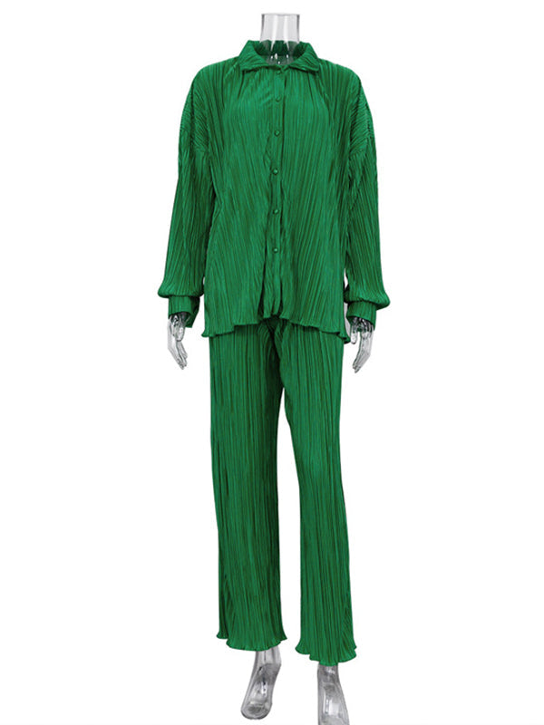 Loose Solid Color Pleated Blouse&Wide Legs Pants 2 Pieces Set