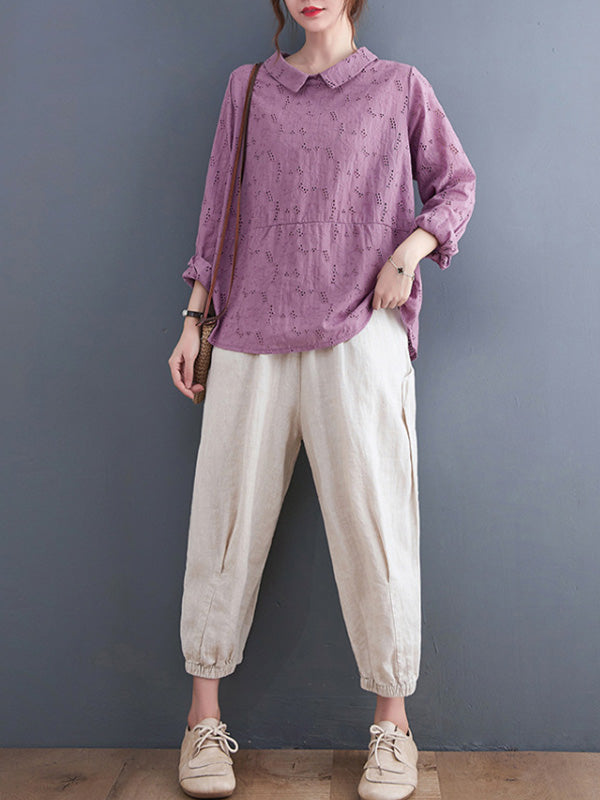 Loose 3 Colors Embroidered Hollow Lapel Collar Long Sleeves T-Shirt