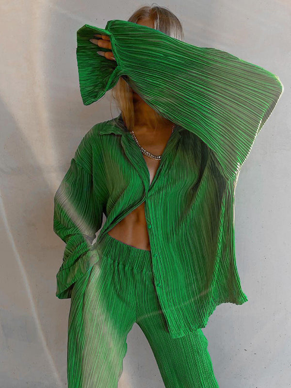 Loose Solid Color Pleated Blouse&Wide Legs Pants 2 Pieces Set