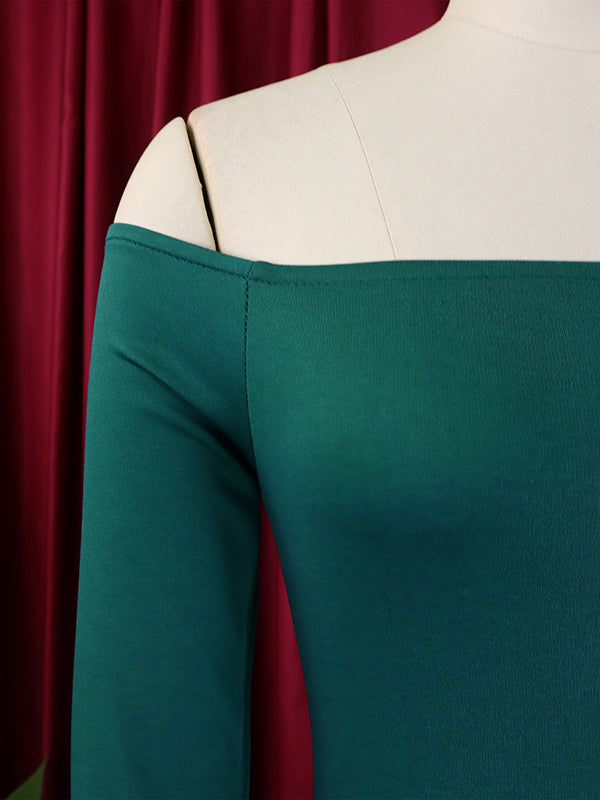 Falbala Solid Color Split-side Bodycon Flared Sleeves Off-the-shoulder Maxi Dresses