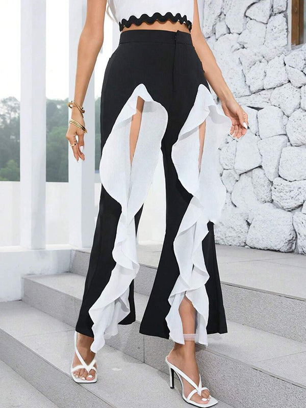 Contrast Color Pleated Split-Front Split-Joint High Waisted Loose Trousers Pants