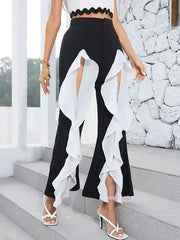 Contrast Color Pleated Split-Front Split-Joint High Waisted Loose Trousers Pants