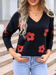 Knitted Flower Split-Joint Long Sleeves Loose V-Neck Sweater Tops Pullovers