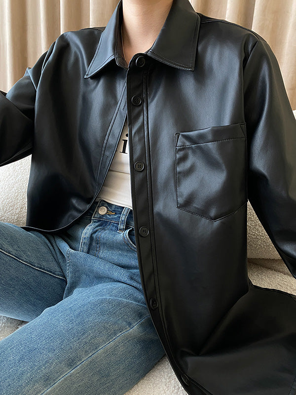 Buttoned Pockets Solid Color Long Sleeves Loose Lapel Outerwear Jackets