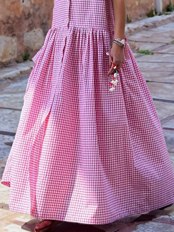 Plaid Pleated Split-Joint Loose Sleeveless Lapel Shirt Dress Maxi Dresses