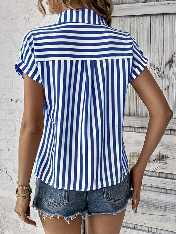 Contrast Color Split-Joint Striped Patterns Loose Short Sleeves Lapel Blouses&Shirts Tops