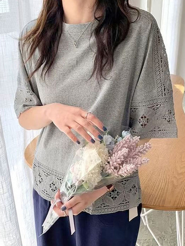 Hollow Solid Color Split-Joint Half Sleeves Loose Round-Neck T-Shirts