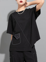 Asymmetric Solid Color Split-Joint Loose Short Sleeves Round-Neck T-Shirts Tops