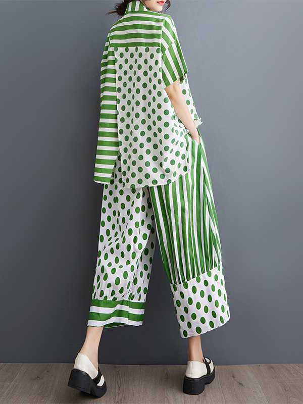 High-Low Asymmetric Half Sleeves Contrast Color Polka-Dot Split-Side Striped Lapel Blouses Top + Pants Bottom Two Pieces Set