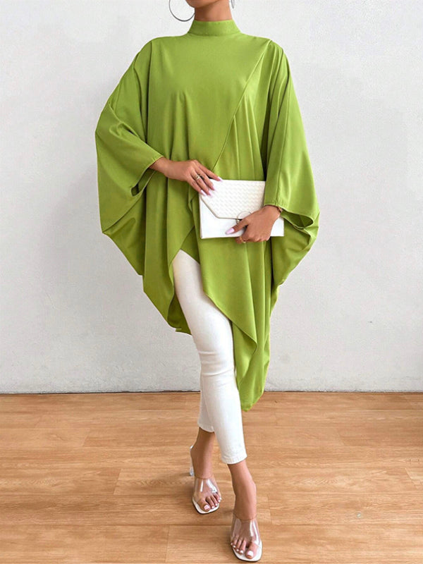 Asymmetric Solid Color Split-Joint Batwing Sleeves Loose High Neck Shirts Tops