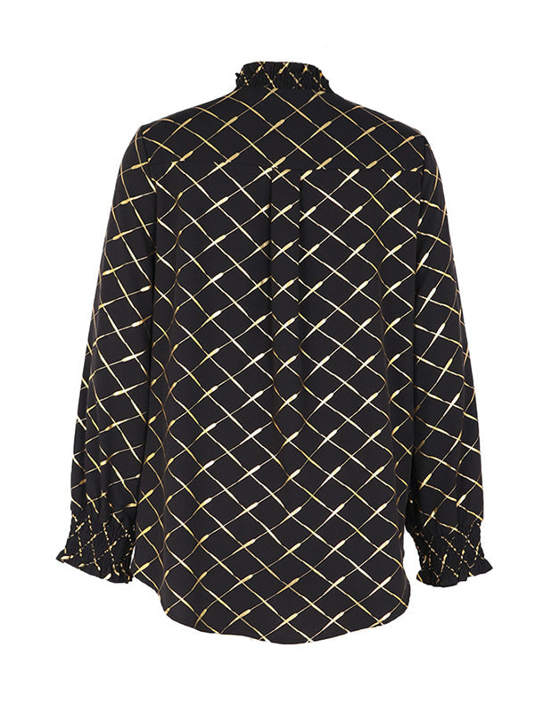 Bronzing Elasticity Split-Joint Long Sleeves Loose V-Neck Blouses&Shirts Tops