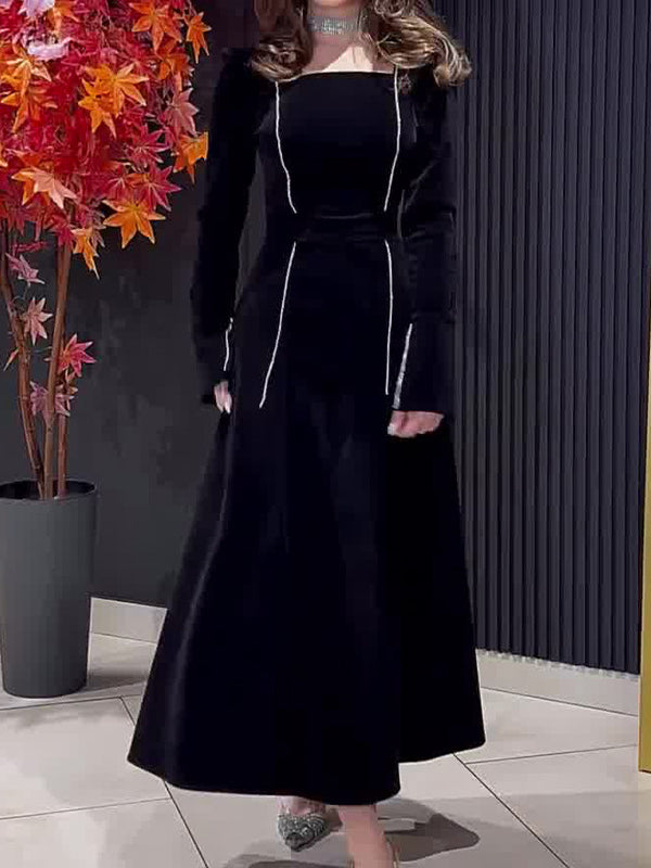 Long Sleeves Wrap Bandage Belted Contrast Color Square-Neck Maxi Dresses
