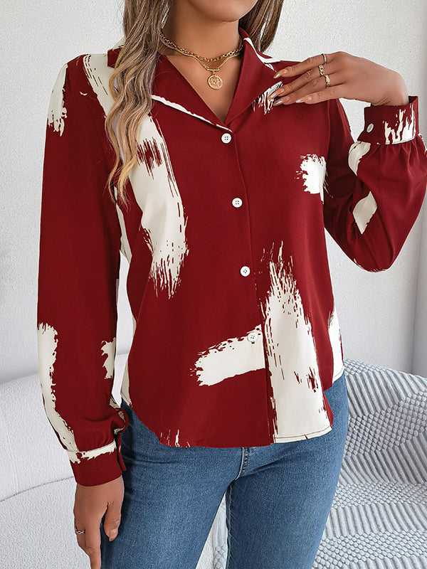 Buttoned Printed Long Sleeves Loose Notched Collar Blouses&Shirts Tops