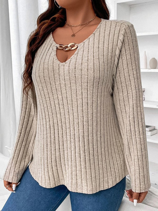 Solid Color Long Sleeves Loose V-Neck T-Shirts Tops