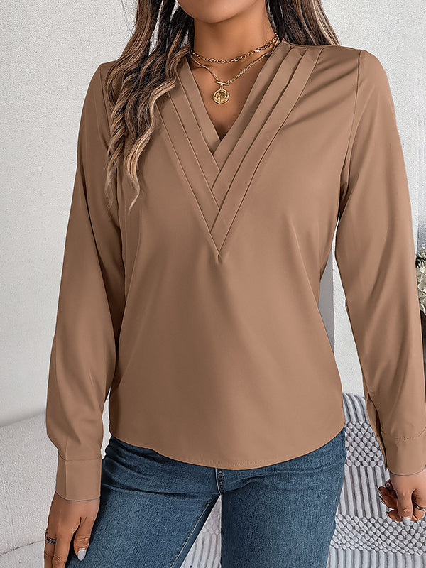 Pleated Solid Color Split-Joint Long Sleeves Loose V-Neck T-Shirts Tops