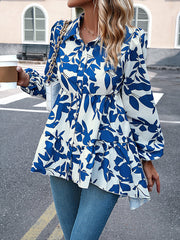 Contrast Color Leaves Print High-Low Loose Lapel Blouses&Shirts Tops