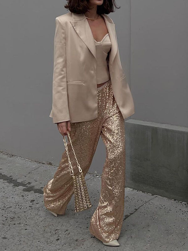 Elasticity Sequined Shiny Split-Joint Loose Straight Leg Trousers Pants