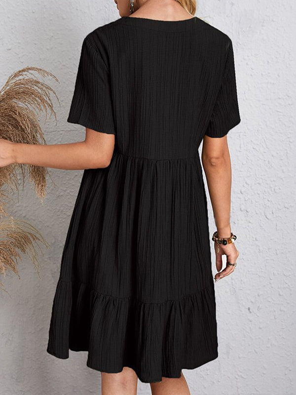 Pleated Solid Color Split-Joint A-line Loose V-neck Mini Dresses