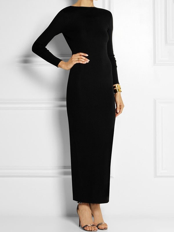 Solid Color Split-Side Long Sleeves Skinny Maxi Dresses