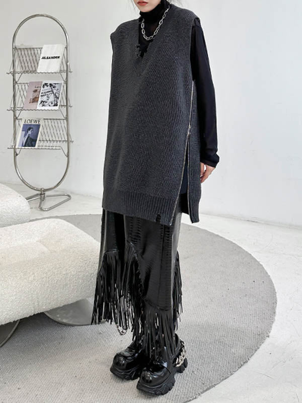 Asymmetric Split-Side Zipper Loose Sleeveless V-Neck Vest Outerwear