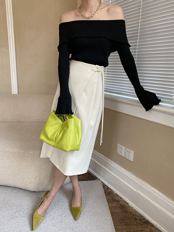 Falbala Solid Color Long Sleeves Skinny Off-the-shoulder Sweater Tops